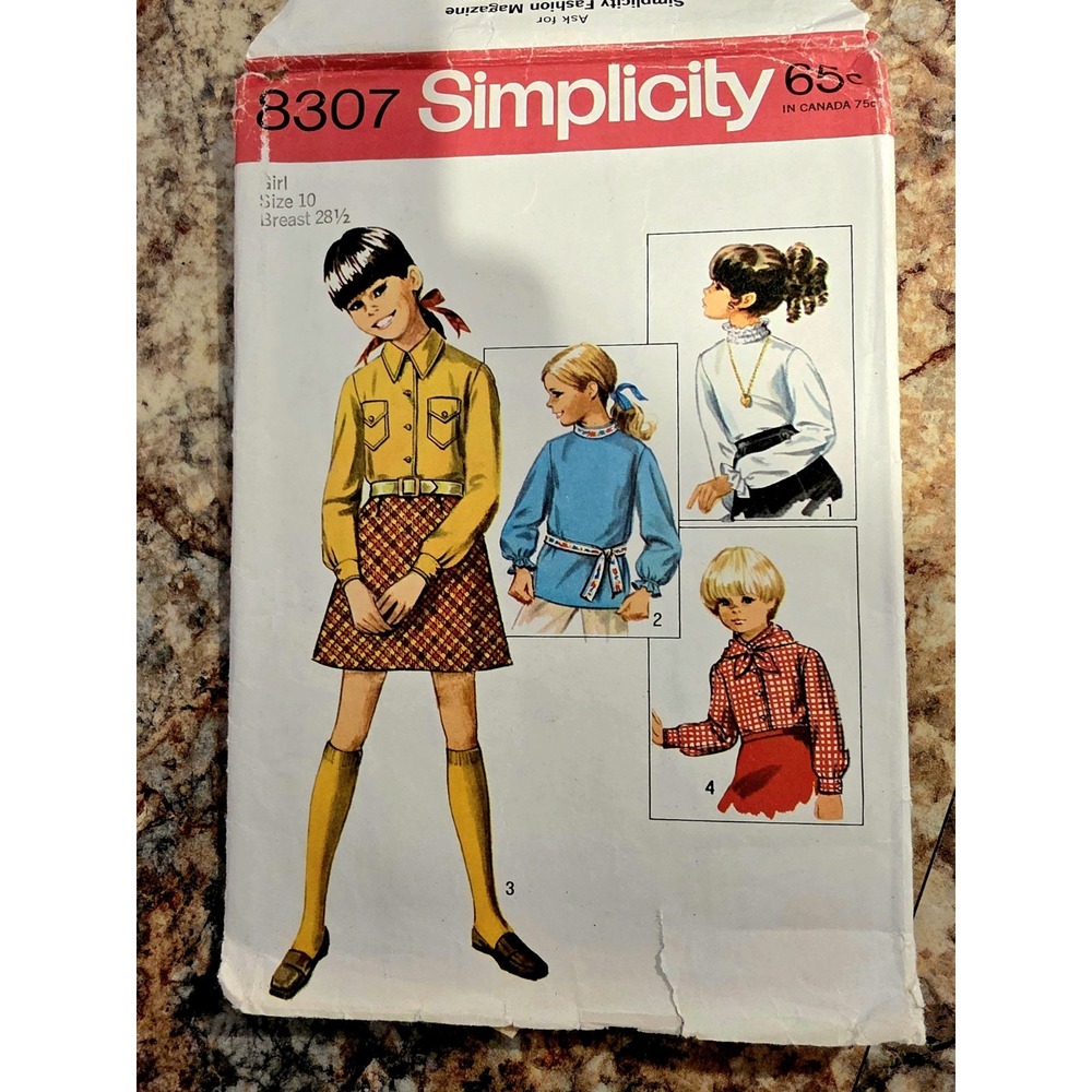 Simplicity 8307 Sewing Pattern Shirt Scarf Blouse Girls Size 7, Vintage 1960s